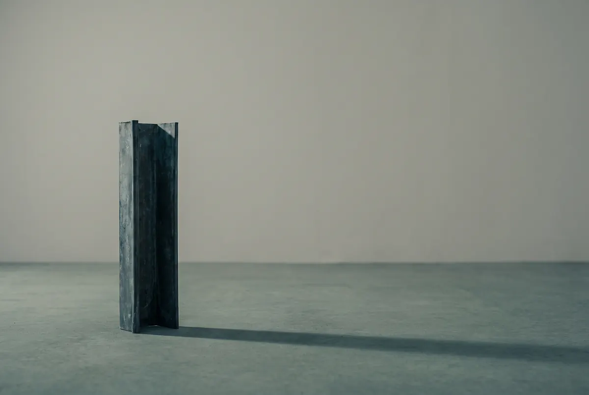 A single short section of dark zinc gutter stood upright on a pale surface, isolated and casting one long shadow.