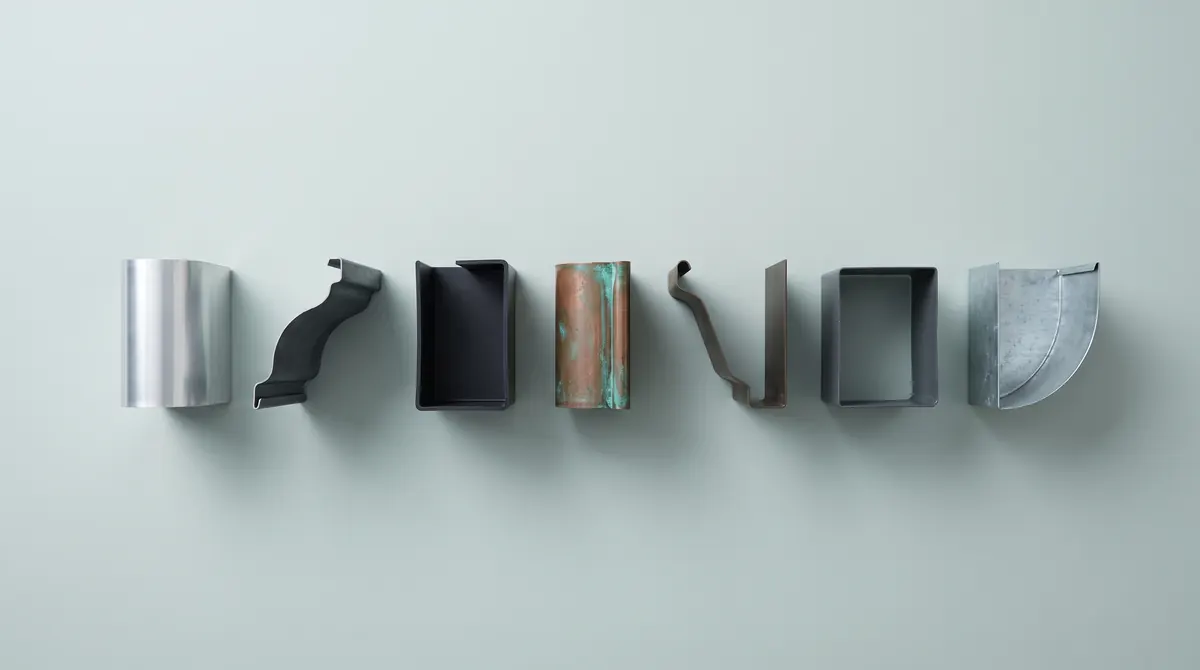 Seven short offcuts of gutter in different profiles and metals, laid in a row on a pale drafting surface.