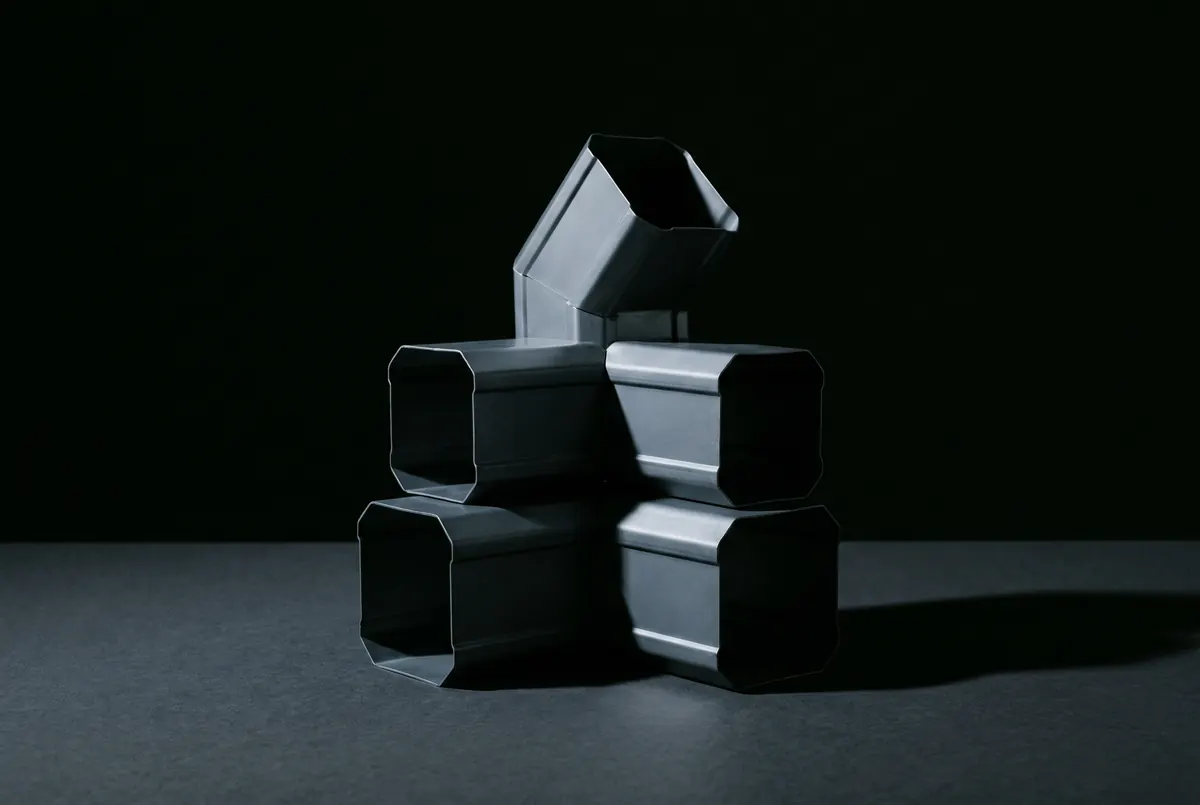 Three dark formed-metal downspout elbows stacked at angles on a dark surface under a single hard light.