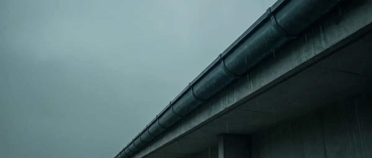 A long unbroken run of dark formed metal gutter along a concrete eave, receding into perspective against a heavy overcast sky.
