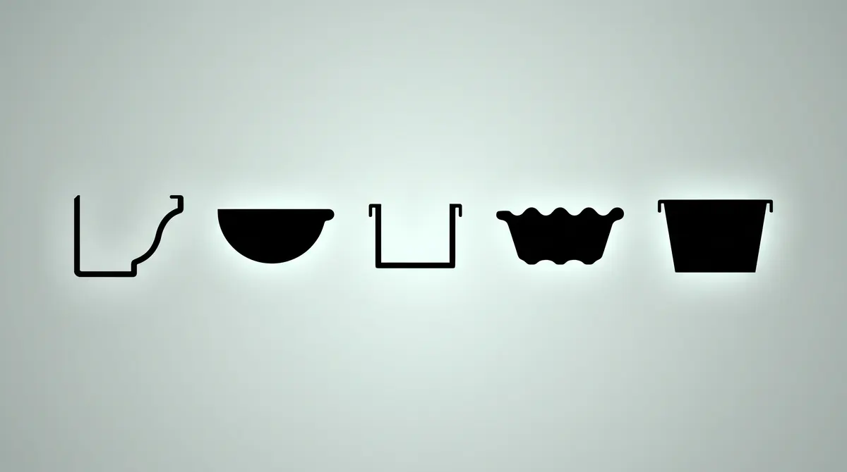 Five gutter profiles stood end-on and backlit, so each cross-section reads as a solid dark shape: ogee, half-round, square, fluted and deep box.