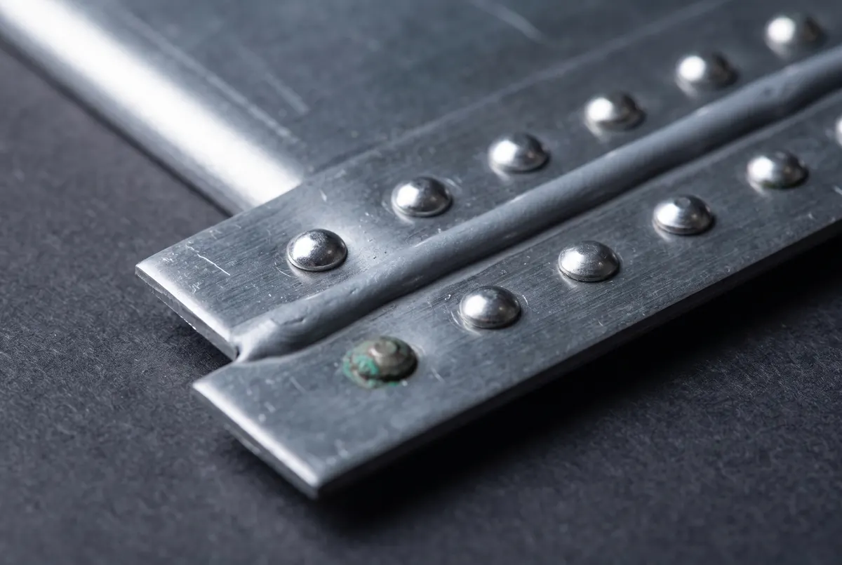 Close view of two overlapping sections of gray formed metal fastened along a row of rivets.