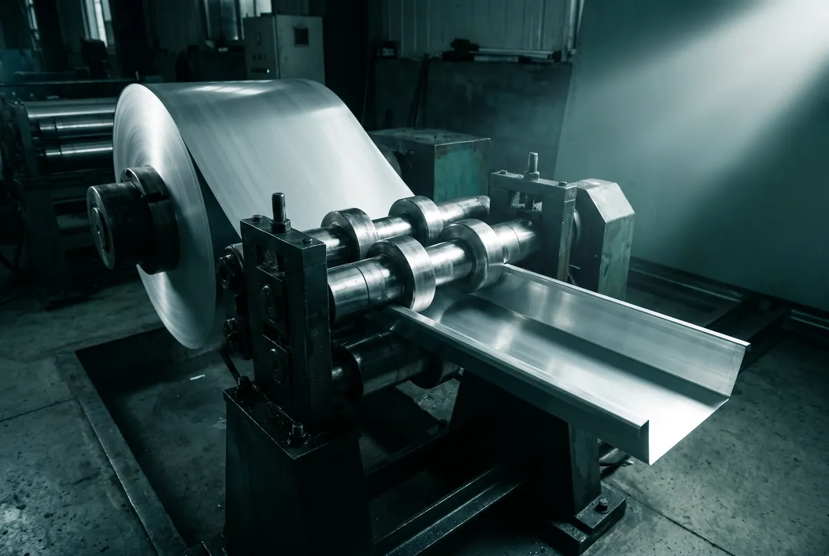 A coil of aluminum sheet passing between polished steel forming rollers and emerging as a finished gutter profile.