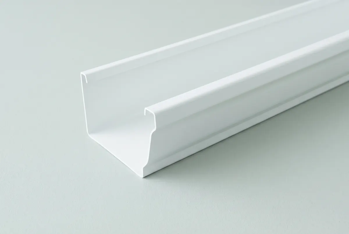 A section of matte white vinyl gutter on a pale ground, its form described by soft gradations rather than highlights.